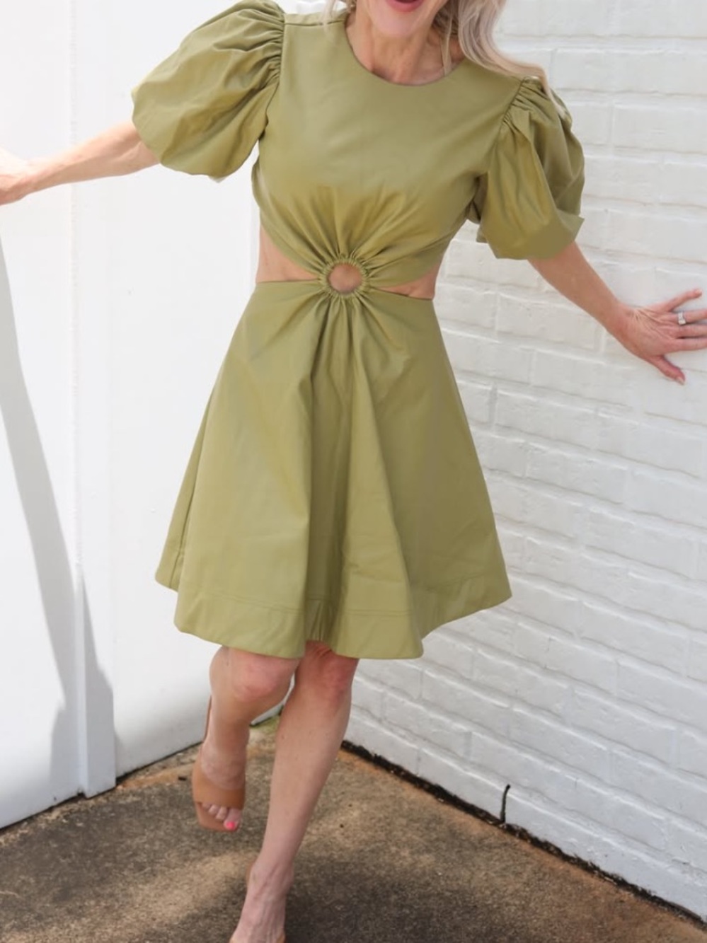 Victoria Puff-Sleeve Cutout Dress in Olive Green